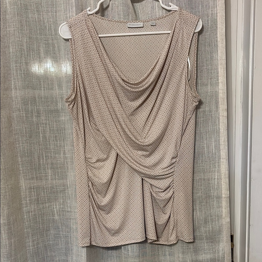 New York & Company Beige Patterned Drape Blouse